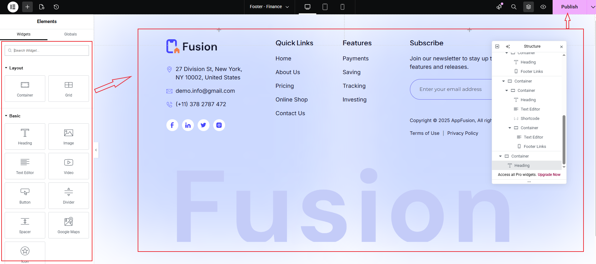 Footer Editor Elementor